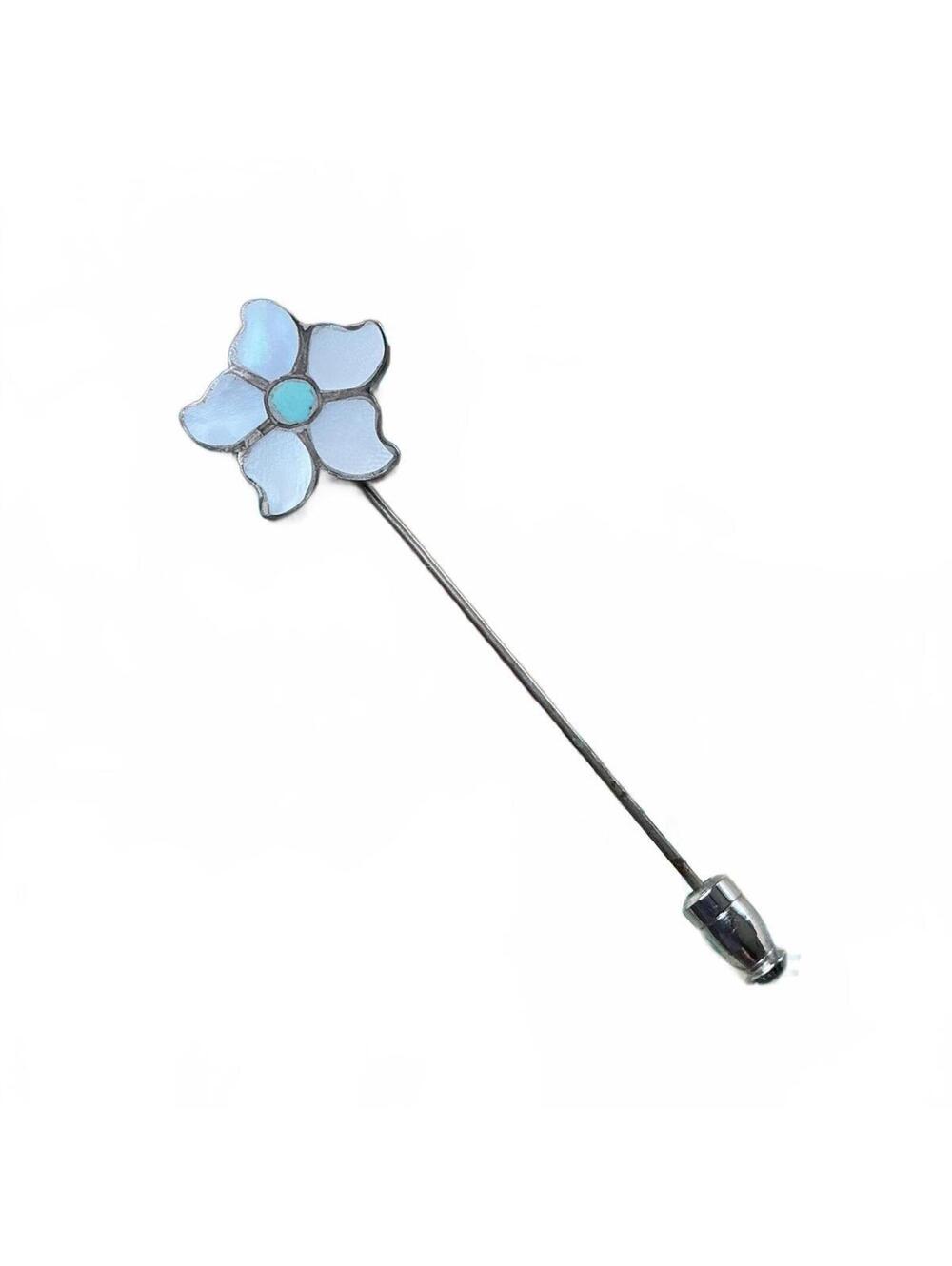 Vintage Zuni 925 Silver Mother of Pearl & Turquoise Inlay Flower Stick Lapel Pin